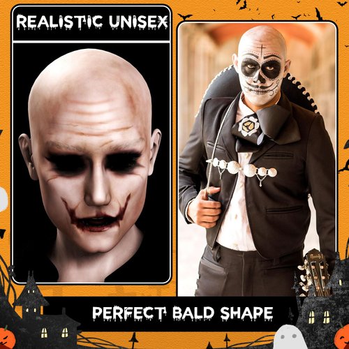 Wavwavw 6 Pcs Halloween Bald Caps Makeup Latex Bald Head Wig Cap Bald Hat Cosplay Makeup Costume Accessories for Women Men(Novel Style,Pink and Beige)