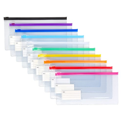 Tamaki 10 Pack Zipper Plastic Envelopes, Small Plastic Envelopes, A6 Size for Pencil Case Bulk, Bill Bag, 10 Color (9x4.7 Inch)