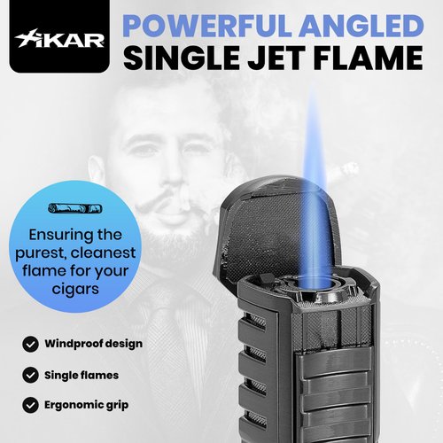 XIKAR Tactical Single-Jet Lighter, Gunmetal - Powerful Flame for Cigars, Rugged Design with Cigar Rest, Pocket Clip, EZ-View Fuel Window and Adjustable Flame Height - Ideal for Outdoor Use