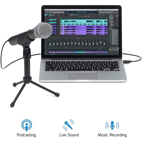 Samson Technologies Q2U USB/XLR Dynamic Microphone Recording and Podcasting Pack (Includes Mic Clip, Desktop Stand, Windscreen and Cables), Silver
