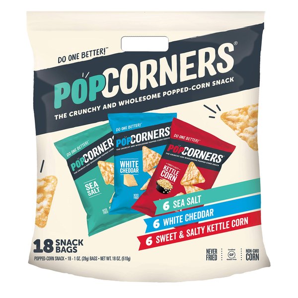 Popcorners Snacks Pack, Gluten Free Chips, Kettle Corn, White Cheddar, Sea Salt, Variety Pack, 1 Ounce (Pack of 18)