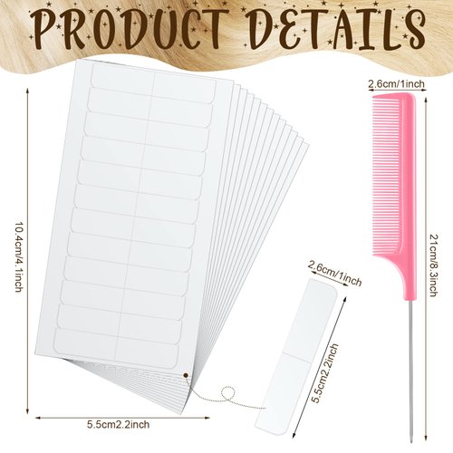 288 Pcs Hair Extensions Tape Tabs Double Sided Tape in Hair Extension Remover with Rat Tail Parting Combs Adhesive Extension Replacement for Women Girls Holiday Favors, 4 cm x 0.8 cm(White, Pink)