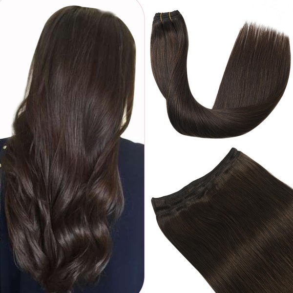 Sindra Weft Hair Extensions Human Hair Dark Brown Invisible Hair Wefts Human Hair Sew in Hair Extensions Real Human Hair Double Weft Silky Straight Remy 20Inch 100G(weft#2 20inch)