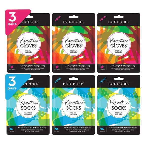Bodipure Premium Hand and Foot Mask | Moisturizing Kertain Gloves & Socks | Hydrating Dull Dry Hands, Cracked Heels, Callus Softening & Nail Strengthening | Chemical-Free Feet Treatment | (3+3 Pack)