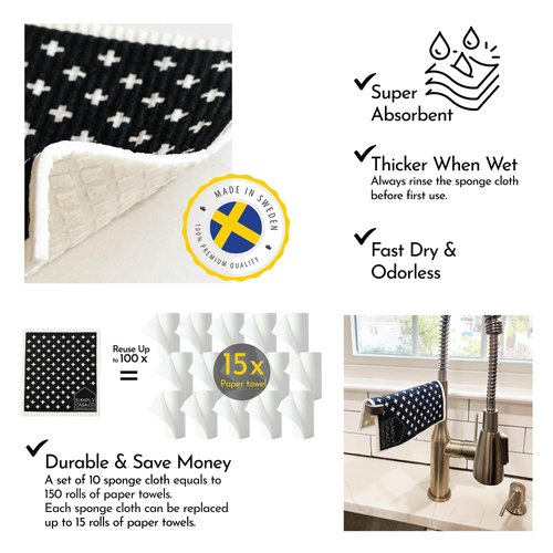 SIMPLYCASA Swedish Dishcloth Sponge Pack of 10, Eco-Friendly 100% Biodegradable Cellulose Sponge Cleaning Cloths, Kitchen Cloths