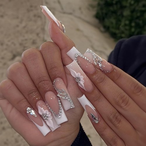 24 Pcs Long Press on Nails Square White French Fake Nails Glossy Press ons False Nail Tips with Rhinestone Butterfly Nail Charms and 5D White Flowers Design Manicure Decorations for Women and Girls