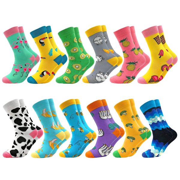 Fun Colorful Socks Combed Cotton Stockings Mid Calf Art Patterned Funky Happy Sock Packs, 12 Pairs1204, Free Size US 6-11