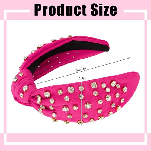 Ondder Hot Pink Knotted Shiny Rhinestone Headband for Women’s Hair Top Knot Beaded Jeweled Fashion Womens Headband Sparkle Bling Crystal Hair Accessories for Women