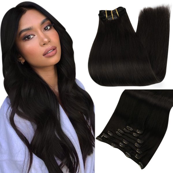 Full Shine Clip in Hair Extensions real Human Hair 14 Inch Off Black Hair Clip in Extensions for Women Invisible Clip ins 7Pcs/120 Grams Black Hair Clip in Human Hair Double Weft