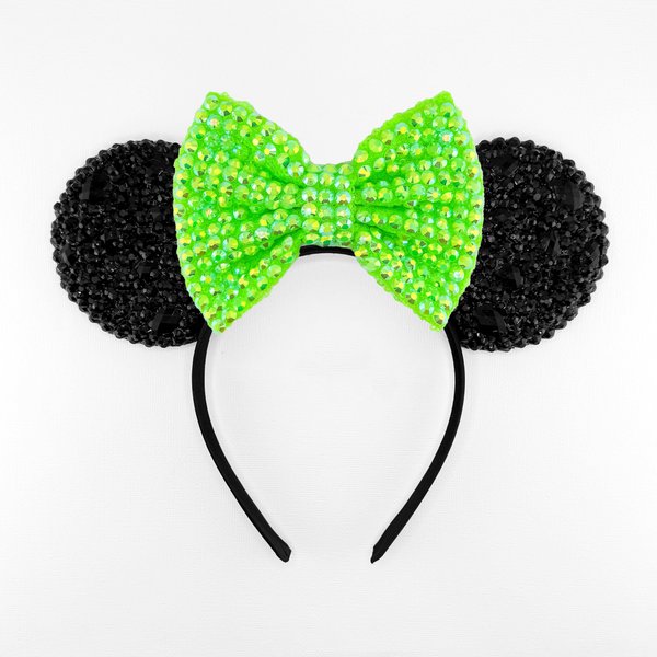 Neon Green Bow and Black Mickey Ears, Pink Rhinestones Mouse Ears, Rhinestone Mouse Ears, Purple