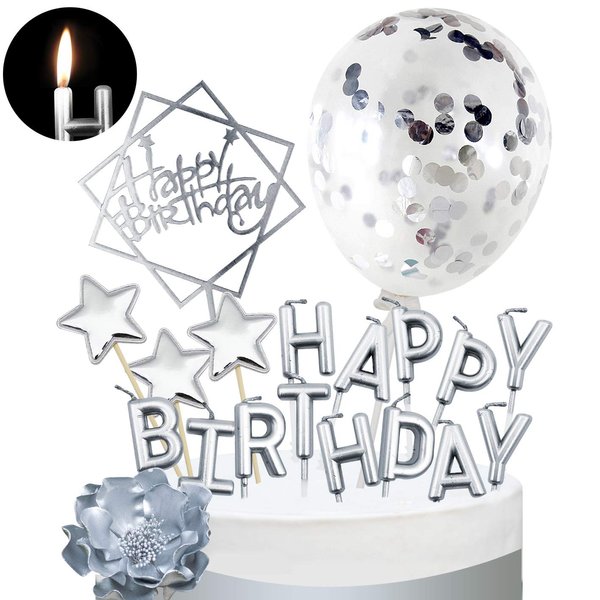 MOVINPE Slivery Cake Topper Decoration with Sliver Happy Birthday Candles Happy Birthday Banner Confetti Balloon Stars For Rose Gold Theme Party Decor Boy Girl Kid Men Women Birthday Party