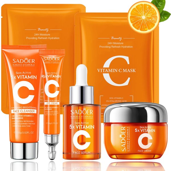 5 x Vitamin C Skin Care Set, Skincare Routine Set, Facial Skin Care Products, Skincare Gift Set with Cleanser, Eye Cream, Serum, Cream, Mask, Anti-Aging Skin Care Kit for Firming & Hydrating 6PCS