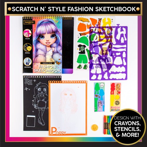 Horizon Group USA Rainbow High Scratch ‘n Style Fashion Sketchbook, Scratch Art, Coloring Book, Includes Stencils, Crayons, Scratch Art Stickers & More,Multi,210933