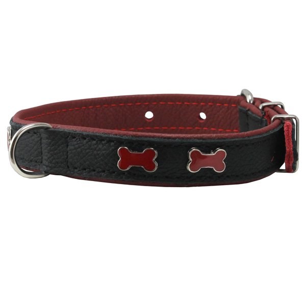 Genuine Black Leather Metal Bone Studs Soft Black Leather Padded Dog Collar 3/4" Wide. Fits 10"-14" Neck.