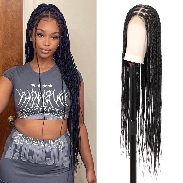 Olymei 360° Hd Full Lace Braided Wigs for Women Box Braid Wig Square Knotless Braided Wigs with Baby Hair Human Hair Blended Long Black Braid Lace Front Wig 36"