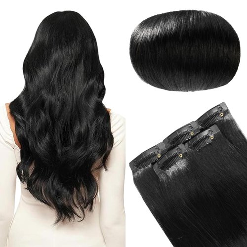 FUBILI Clip in Hair Extensions Real Human Hair PU Skin Weft 100% real Human hair 30g 5pcs Jet black straight Long Hair for Women 14 inch