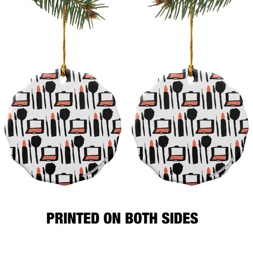 Makeup Lipstick Compact Eyeshadow Mascara Drawing Porcelain Scalloped Holiday Christmas Tree Ornament - 2.8" (7.1 cm)