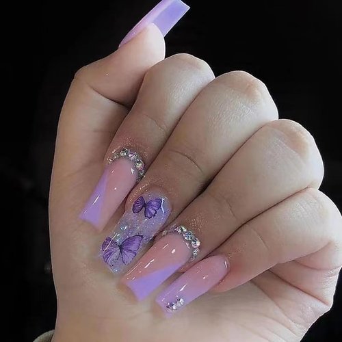 Purple Press on Nails Medium Coffin Fake Nails Butterfly False Nails with Glitter Rhinestone Design Stick on Nails Glossy Acrylic Glue on Nails Artificial Nails for Women Girls Manicure 24PCS