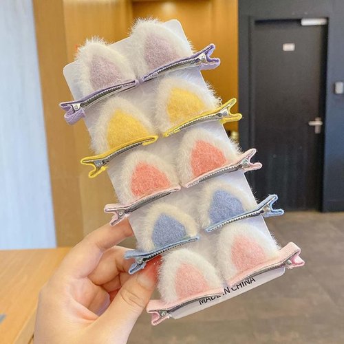LUOZZY 10 Pcs Toddlers Cat Ears Hair Clips Baby Girls Cat Ear Barrettes Clip Hair Accessories Animal Ears Hair Barrettes for Girls Plush Cartoon Cat Ears Pink Purple Blue Yellow