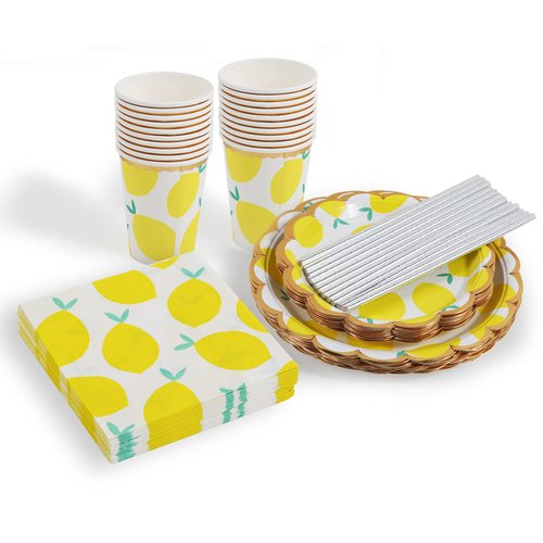Lemon Party Supplies,120pcs Disposable Lemon Dinnerware Set with 20 Dinner Plates, 20 Dessert Plates, 20 Cups, 20 Straws & 40 Napkins for Birthday Baby Shower Pool Party Dinner Dessert - 20 Guests