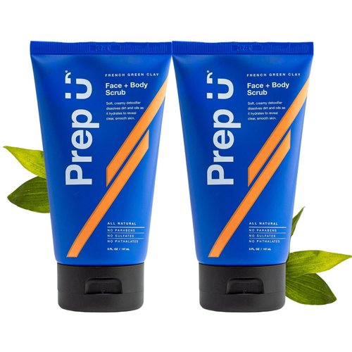 Prep U French Green Clay Exfoliating Body Scrub & Exfoliating Face Wash for Teens, MenAthletes – Vegan, Plant based, Exfoliator, Natural Facial Exfoliant for Blemishes and Bacne – 5 Fl Oz (2 Pack)