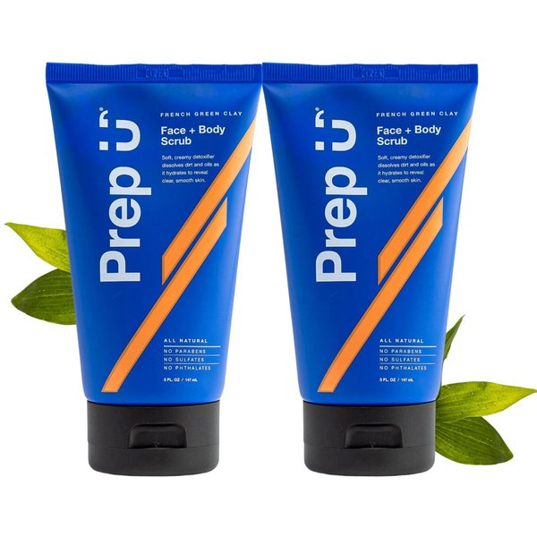 Prep U French Green Clay Exfoliating Body Scrub & Exfoliating Face Wash for Teens, MenAthletes – Vegan, Plant based, Exfoliator, Natural Facial Exfoliant for Blemishes and Bacne – 5 Fl Oz (2 Pack)