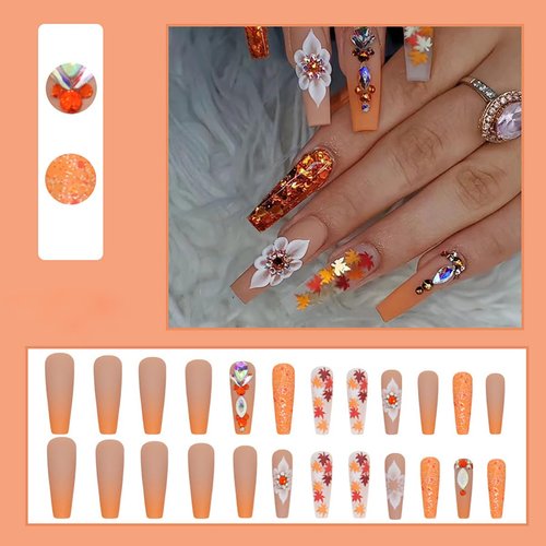 Fall Maple Leaf Press on Nails Long Coffin Fake Nails with Maple Leaves and Flowers Nail Charms Designs Glitter Autumn Acrylic Nails Glue on Nails for Women Thanksgiving Nail Decoration 24Pcs
