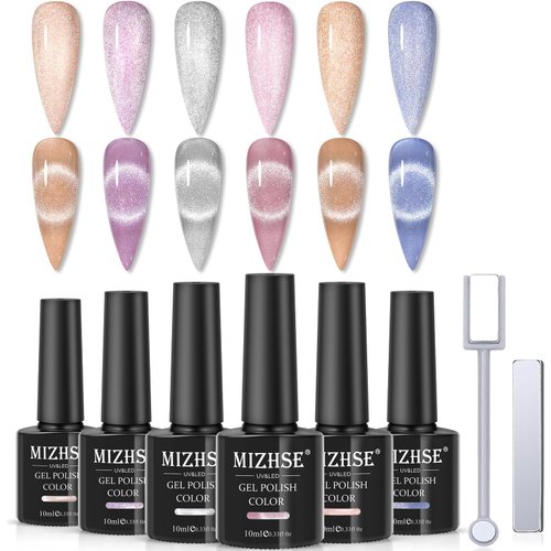 MIZHSE 10ml*6 Colors Cat Eye Gel Nail Polish, Crystal Magnetic Gel Polish Glitter Pink Gold Sparkle Gel Polish Set with Universal Sliver Cat Eye Gel, 2 Magnet Sticks, Summer Nail Art, Lady Gift Set
