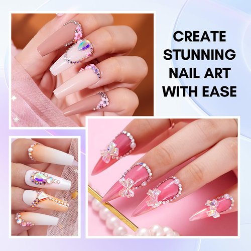 Makartt Nail Rhinestone Glue Kit, 15ml Gel Nail Glue with AB Rhinestone Crystals 3D Nail Art Valentine's Day Decor Flowers Pearls Dual-End Nail Art Brush Tweezer Acrylic Nail Supply for Nail Techs DIY