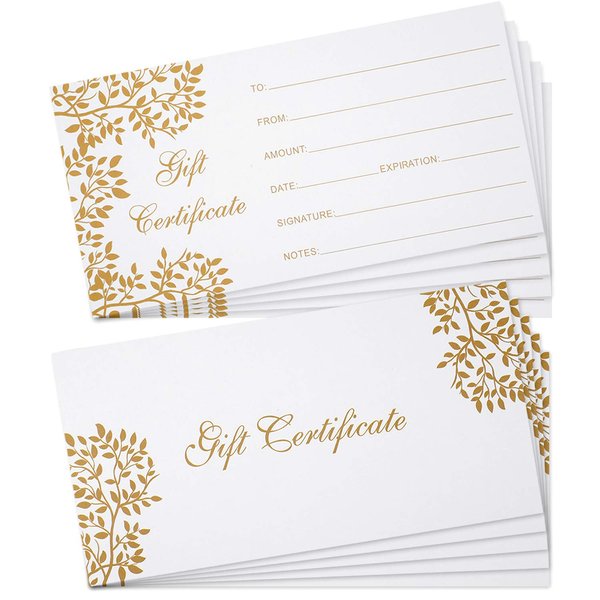 Outus 50 Pieces Blank Gift Certificates Cards Vouchers Gold Blank Cards Coupon Card for Business Beauty Salon Restaurant Wedding Bridal Birthday Holder, 3.5 x 7 Inch