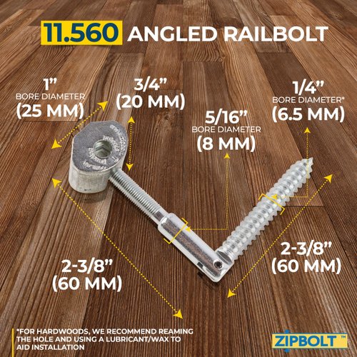 Zipbolt 11.560 Angled Railbolt — Angled Staircase Handrail to Newel Post Connector for Lower Connection, Residential and Commercial Installation, New Construction and Remodels — 1 Double Pack