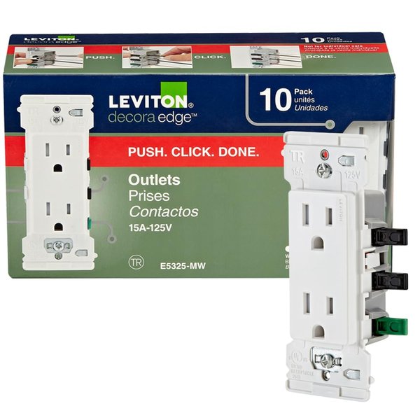 Leviton E5325-MW Decora Edge 15 Amp Tamper-Resistant Duplex Wall Outlet, 10-Pack - White
