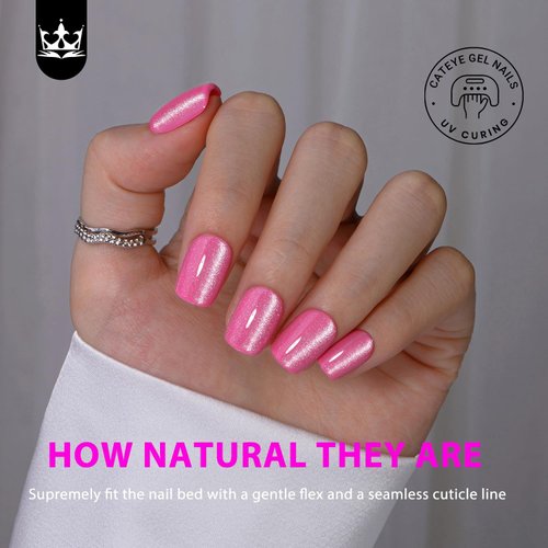 KQueenest Thick Cat Eye Gel Nails Press ons, Glitter Press on Nails Short Square, Sparkle Bling Fake Acrylic Nails Glue on Short, Shiny Cute Small False Nails Set for Manicure 30 Pcs, Neon Hot Pink