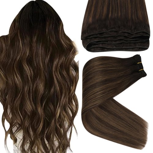 Sunny Sew in Hair Extensions Balayage Brown Weft Hair Extensions Human Hair Dark Brown Roots Medium Brown Remy Hair Extensions Weft Sew in Hair Extensions Real Human Hair Balayage 18in 100g