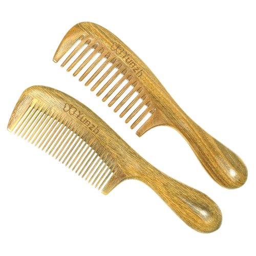 YunZh Wide Tooth Comb and Fine Tooth Combs, Natural Green Sandalwood Wooden Comb Set for Women Men(2PCS)
