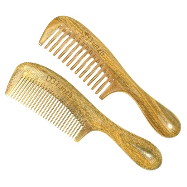 YunZh Wide Tooth Comb and Fine Tooth Combs, Natural Green Sandalwood Wooden Comb Set for Women Men(2PCS)