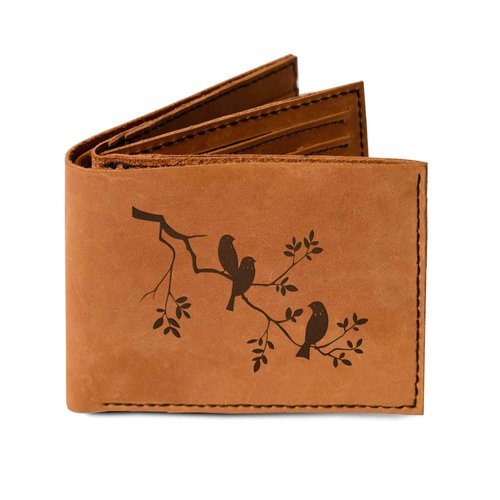Men's Bird On Branch Handmade Natural Genuine Leather Trifold Wallet MHLT_05