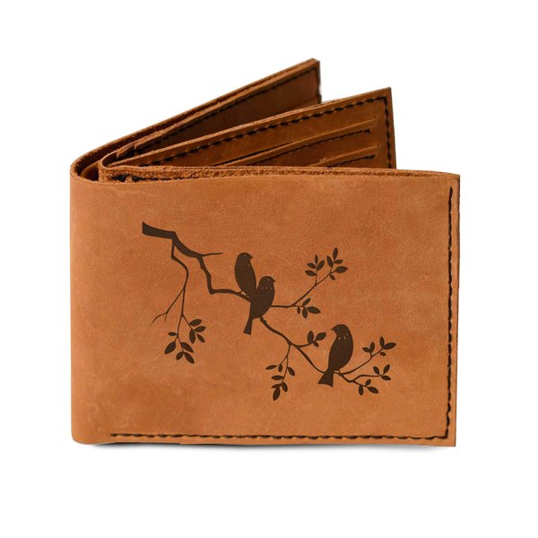 Men's Bird On Branch Handmade Natural Genuine Leather Trifold Wallet MHLT_05