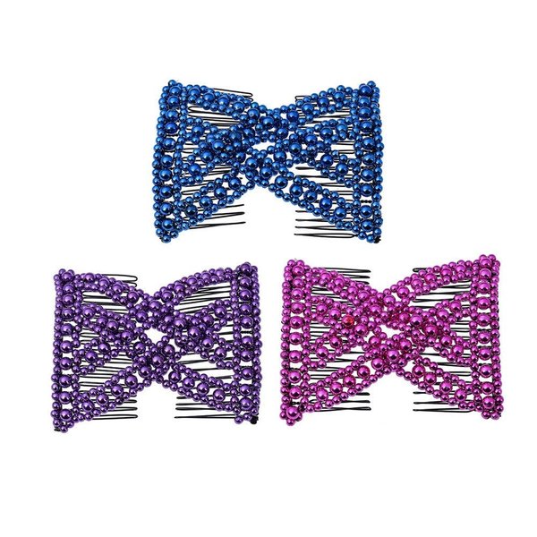 LOVEF 3 Pcs Ponytail Comfy Comb, Hair Comb is perfect for Easy Ponytails, UpDos and Twists, Hair Accessory with Beaded Double Combs, Blue Light Blue Purple Rose Pink, Medium