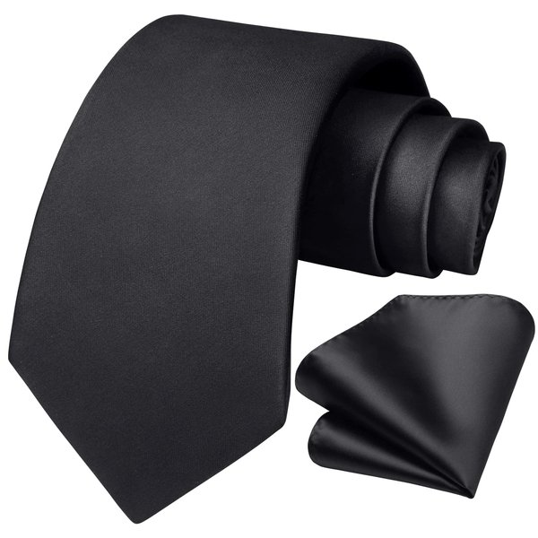 HISDERN Black Ties for Men Formal Business Silk Tie and Pocket Square Set Classic Solid Satin Necktie & Handkerchief for Wedding Party