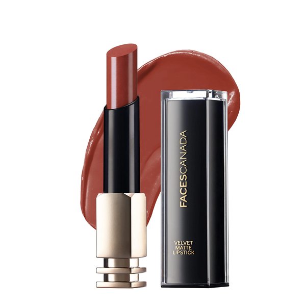 Faces Canada Velvet Matte Lipstick, Vitamin E Enriched, Soft Matte Finish, Smooth One Stroke, Intense Color, Hydrated Lips All Day, Brown, Red, Pink, Purple, Plum Lip Color, Sunset, 0.12 Oz