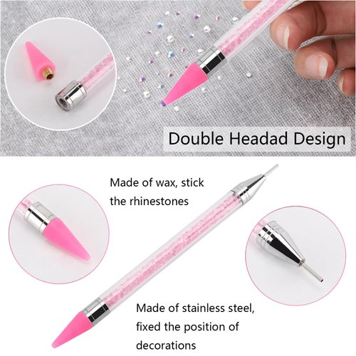 6Pcs Rhinestone Picker Tools Self Adhesive Wax Pencil with 2Pcs Extra Wax Tips, 2Pcs Tweezers and Pencil Sharpener for DIY Nail Art