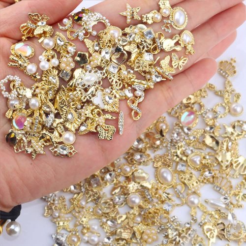 Dornail 50pcs Gold Nail Charms for Acrylic Nails, Mix Styles Shiny Pearl Alloy Nail Rhinestones Flower Butterfly Heart Star Charms for Nails Women Nail Jewels Nail Decorations for Nail Art Charms