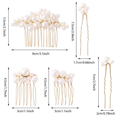 5PCS Pearl Bride Wedding Hair Comb Pearl Hair Pins Set Gold Bridal Side Comb U Shape Bridal Hair Clip Wedding Pearl Hair Combs Set Headpiece Vintage Bride Hair Accessories Wedding for Bridal(Gold)