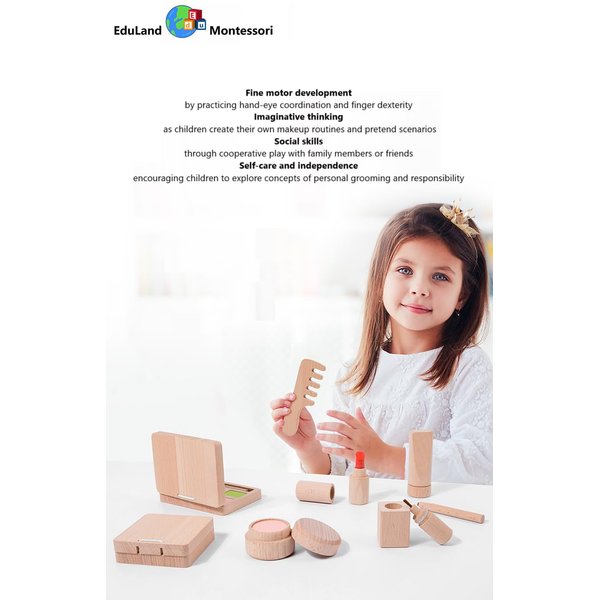 EduLand Montessori Practical Life Care of self, Wooden Makeup Toy Set for Girls – 8-Piece Pretend Play Set | Educational Toy for Creativity & Cognitive Development Gift for Children 3-8 Years Old