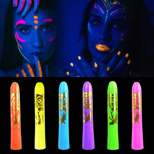 6 Pcs Glow in The Black Light Body Face Paint, Face Painting Kit, UV Crayons Kit Fluorescent Body Paints for Adults for Birthday Party Halloween Masquerade Makeup Outdoor for Kids