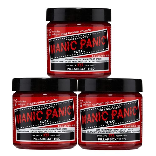 MANIC PANIC Pillarbox Red Hair Dye - Classic High Voltage - (3PK) Semi Permanent Hair Color - Deep True Red Color - For Dark & Light Hair – Vegan, PPD & Ammonia-Free - For Coloring Hair on Women & Men