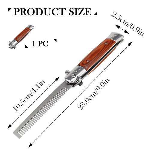 Stainless Steel Folding Comb, Clipper Comb, Comb with Wood Handle, Push Button Pocket Comb for Hair Styling