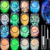 Holographic Chunky Glitter Glow in The Dark Glitter 16 Colors with Glue Set, Body Glitter Glow Glitter for Women Face Body Nail Hair Makeup at The Concert/Festival/Rave Party