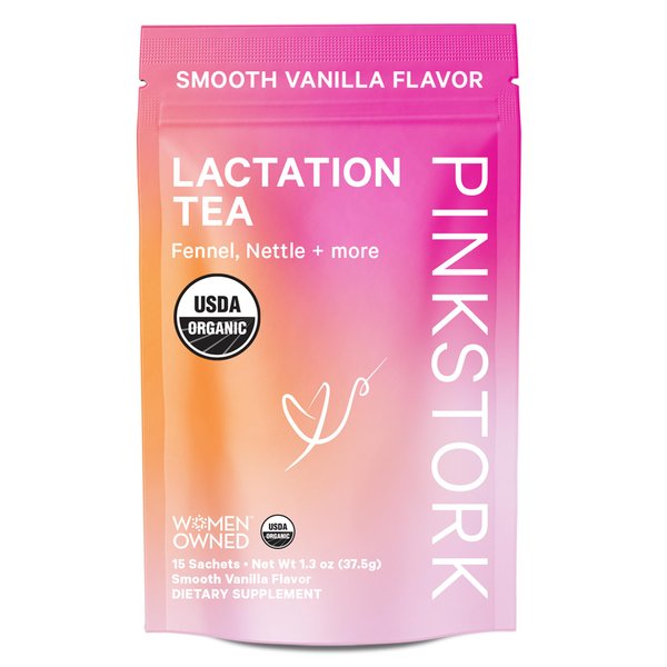 Pink Stork Organic Lactation Support Tea for Breast Milk Supply - Fenugreek, Milk Thistle, Fennel - Breastfeeding Essentials, Caffeine-Free - 15 Sachets, Smooth Vanilla